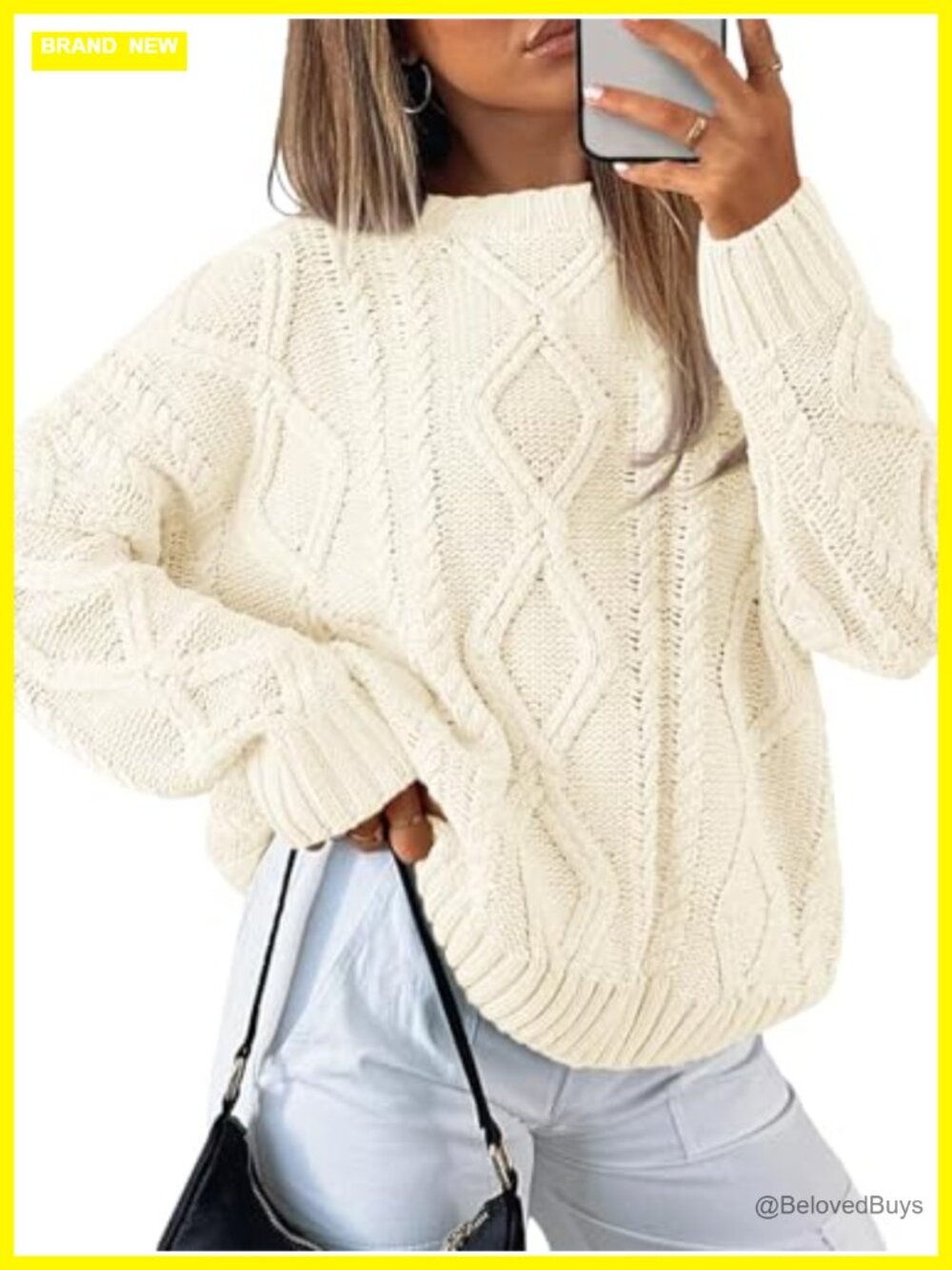 Oversized Cable Knit Chunky Pullover Sweater Crew Neck